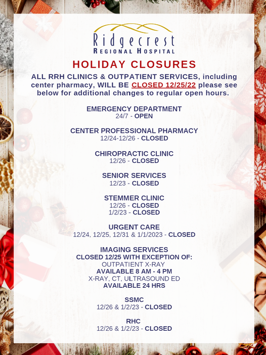RRH Holiday Closures list of departments and clinics that will be closed for 2022 & 2023